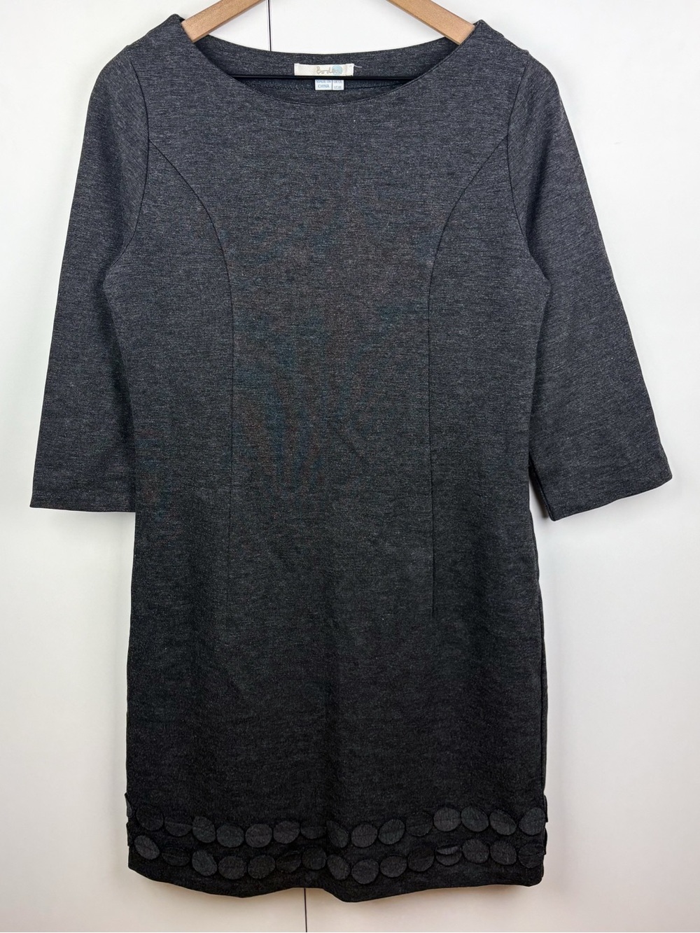 Boden Ponte Jersey Knit Circle Applique Hem Charcoal Gray Sheath Dress 8 LONG
